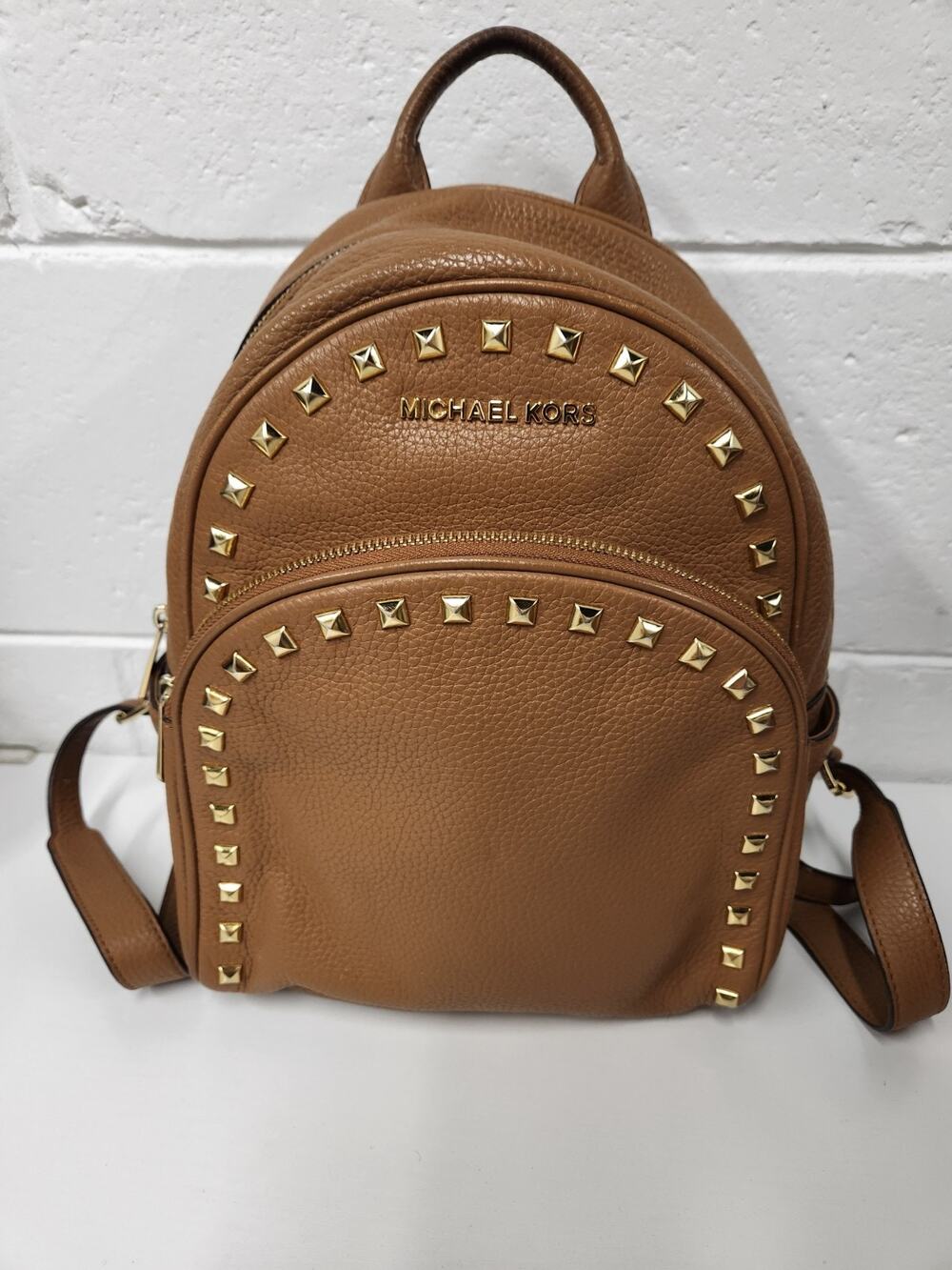 Michael Kors Abbey Tan/Camel Genuine Pebbled Leather Gold Studs Medium Backpack